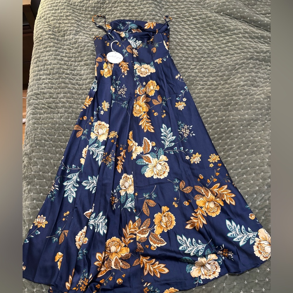 Petal & Pup Navy Maxi Dress with Mustard & Cream Floral Print - Picture 5 of 7